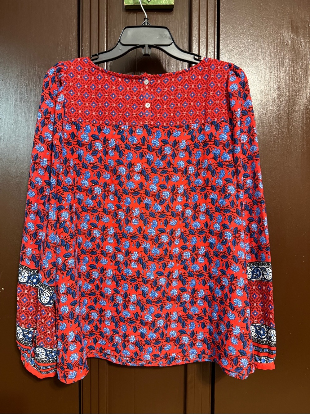 LOFT Red and Blue Patterned Long-Sleeve Blouse - Picture 2 of 3